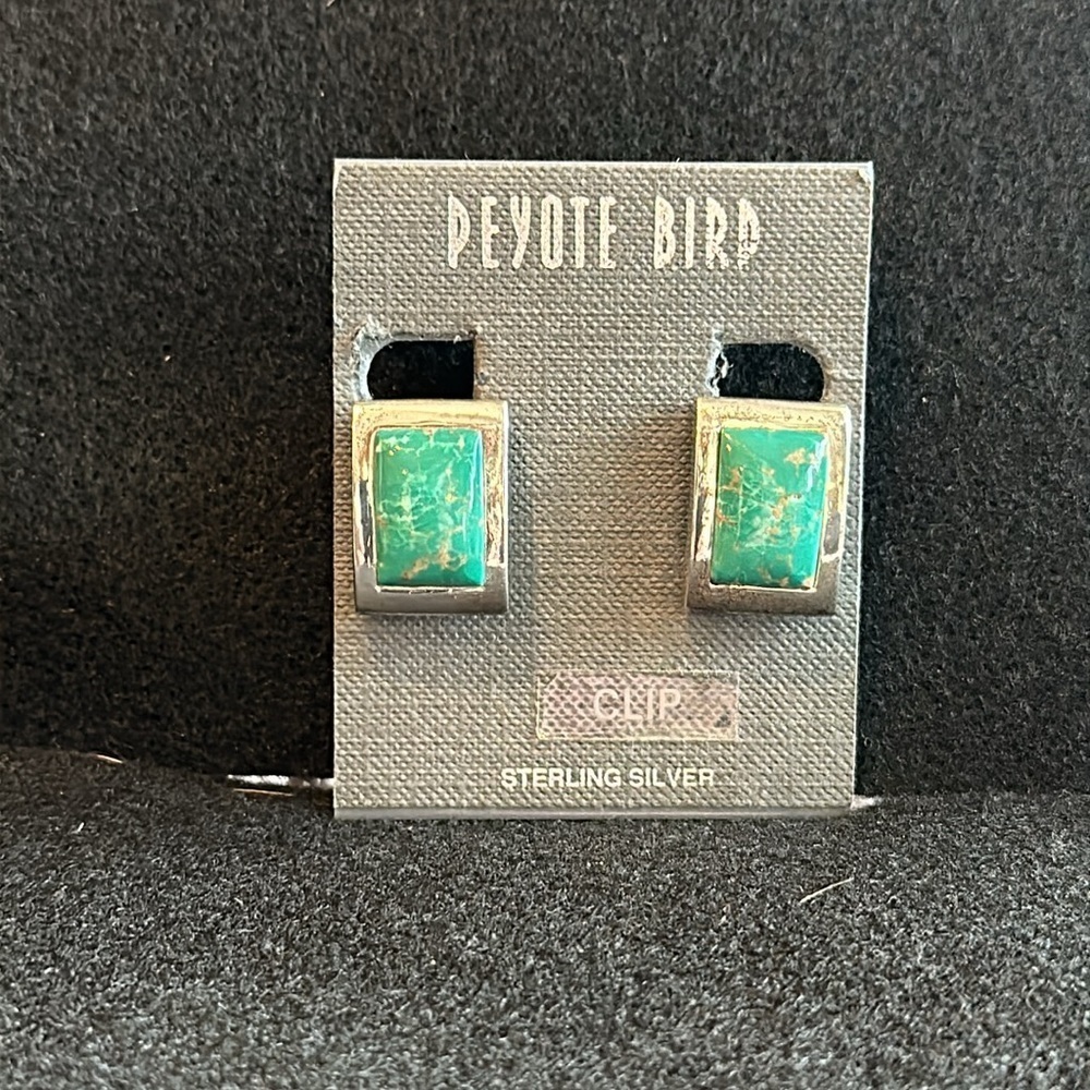 Peyote Bird NWT clip sterling silver rectangle turquoise green blue earr…
